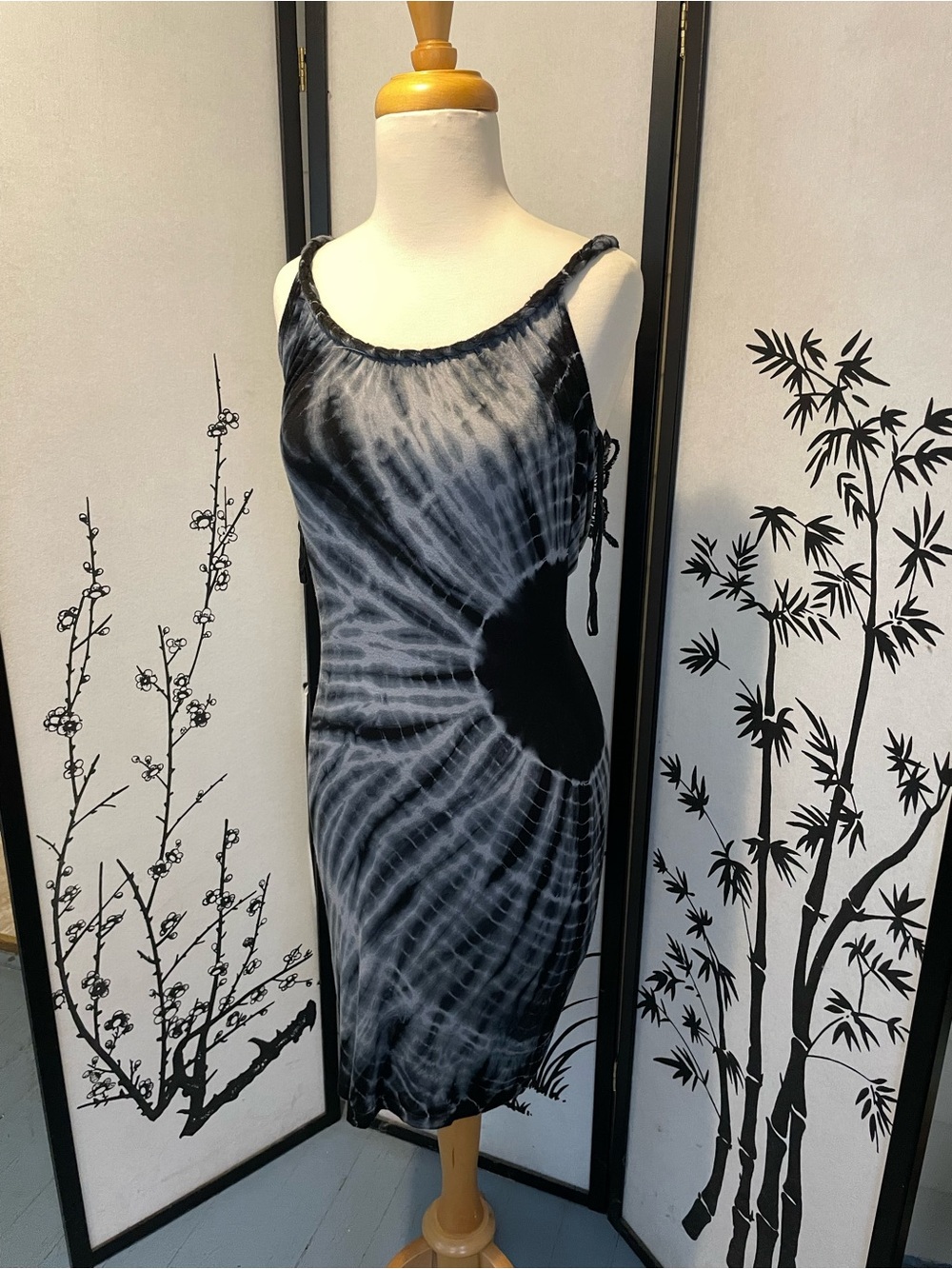 Tie-Dye Dress Black, Gray & White Strappy Midi Fringe Festival Dress